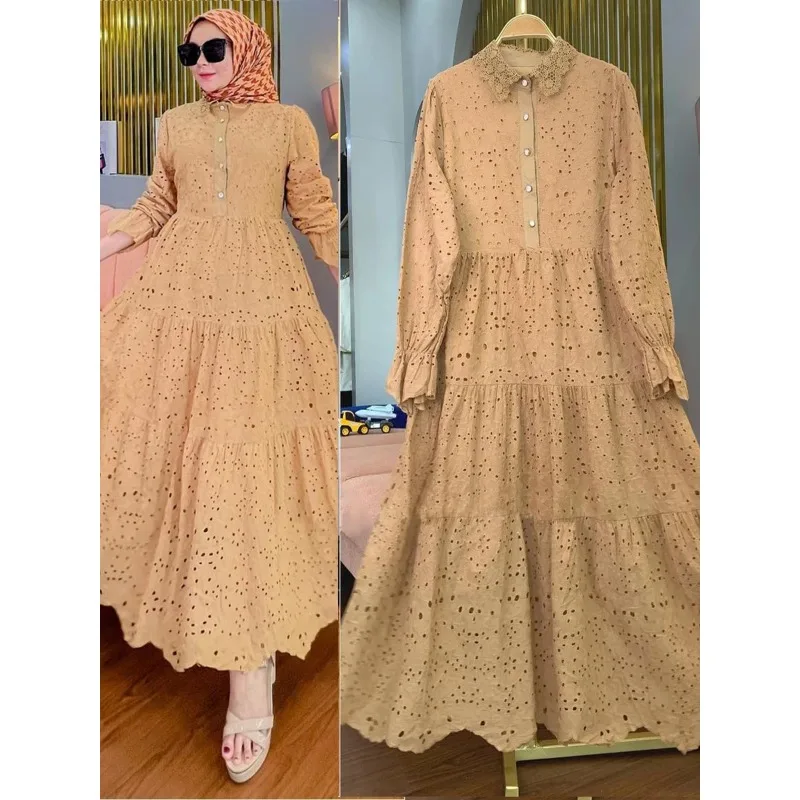 Robe musulmane brodée en dentelle creuse pour femmes, col à manches longues, fraîche et douce, nouveau produit de printemps