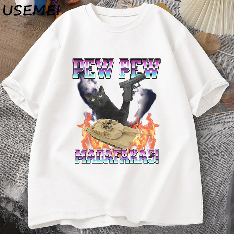 Stylish Pew Pew Madafakas T-Shirt for Men Women Funny Black Cat Tshirt Fashion Cotton Short Sleeve O Neck Tees Mens Clothes