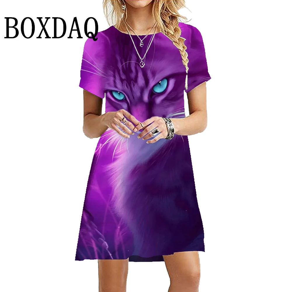 Tie Dye Classic Cat Print Dress Summer Women Short Sleeve Pullover Casual Party Dresses Ladies Fashion Loose Oversized Clothing