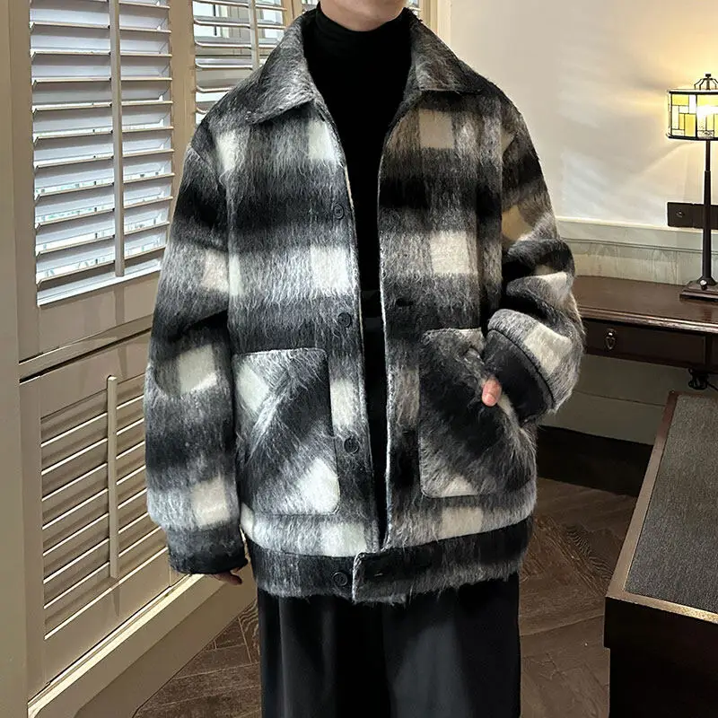 

Autumn and winter vintage wool plaid jacket, single breasted design jacket with lapel, men's plush thick jacket