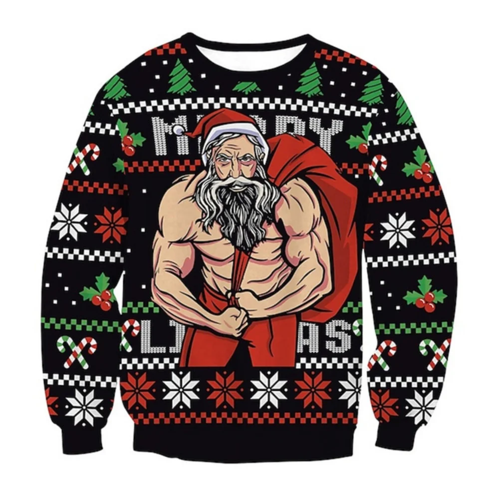 Muscle Santa Claus Ugly Christmas Man Sweatshirts Funny Merry Christmas Long Sleeve Pullover Sweatshirt 3D Print Men's Clothing