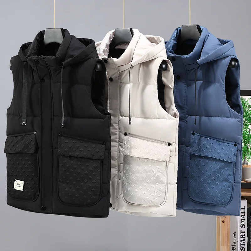 2024 New in Men\'s Vest Hooded Warm Demi-season Turtleneck Sleeveless Jacket Cotton Padded Waistcoat Male Work Wear Blue Black