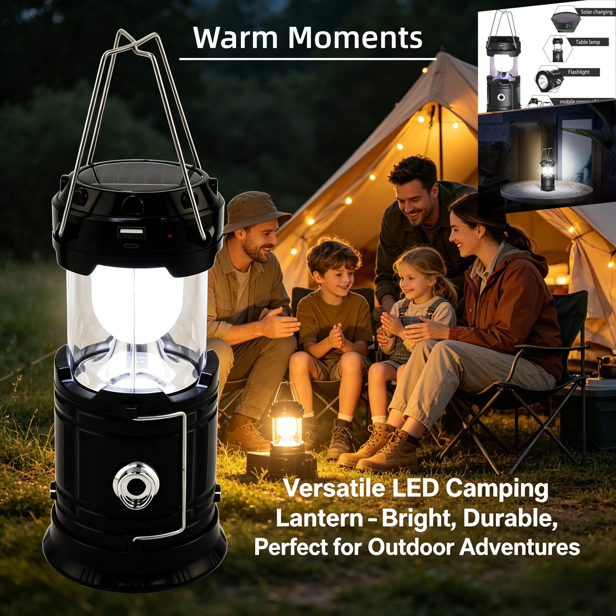 

Solar Portable Handheld Camping Lantern, LED Tent Lamp & Flashlight, Waterproof Emergency Work Light, Multifunctional Power.