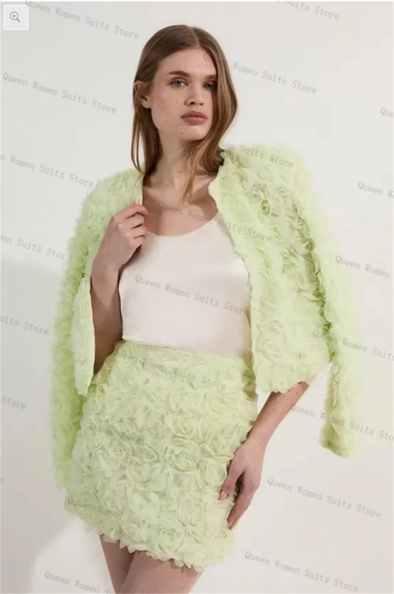 

Green 3D Flower Women Suit Skirt Set 2 Piece Cotton Blazer+Prom Dress Formal Office Lady Jacket Wedding Tuxedos Coat Customized