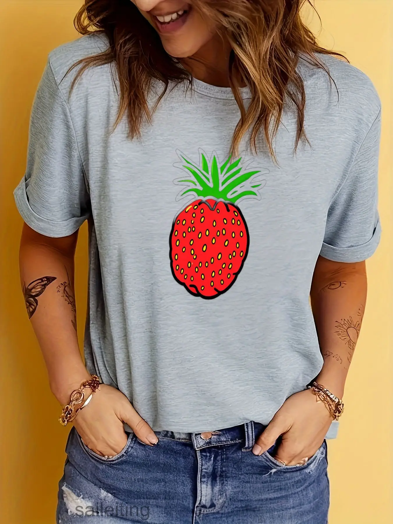 Whimsical Strawberry Pineapple Hybrid Fruit Print T-Shirt for Women Men - Casual Short Sleeve Summer Tee, Tropical Graphic To