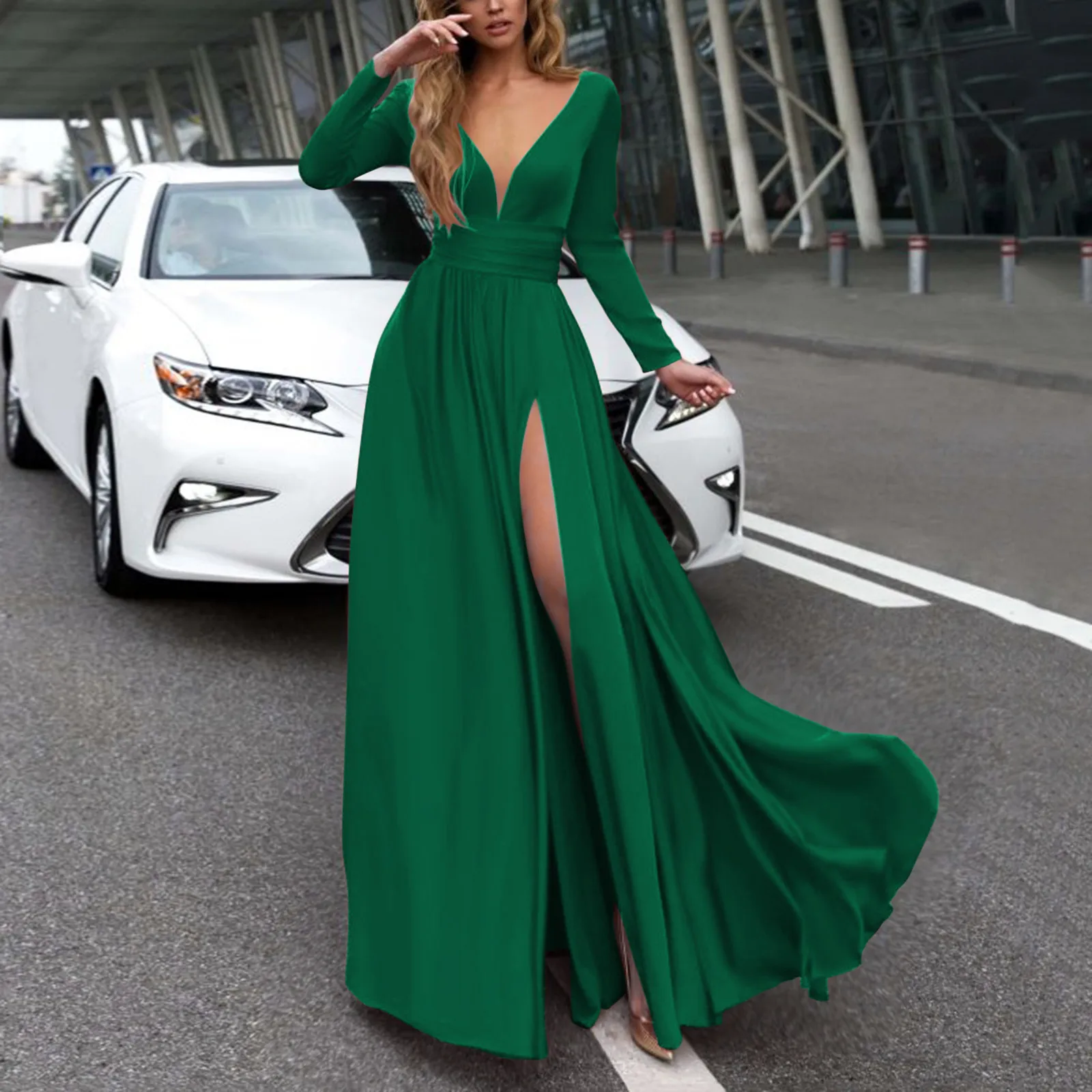 Fashion Women\'s Elegant Solid Color Banquet Evening Dress Spring And Autumn Sexy Deep V-Neck Stitching Slit Irregular Long Dress