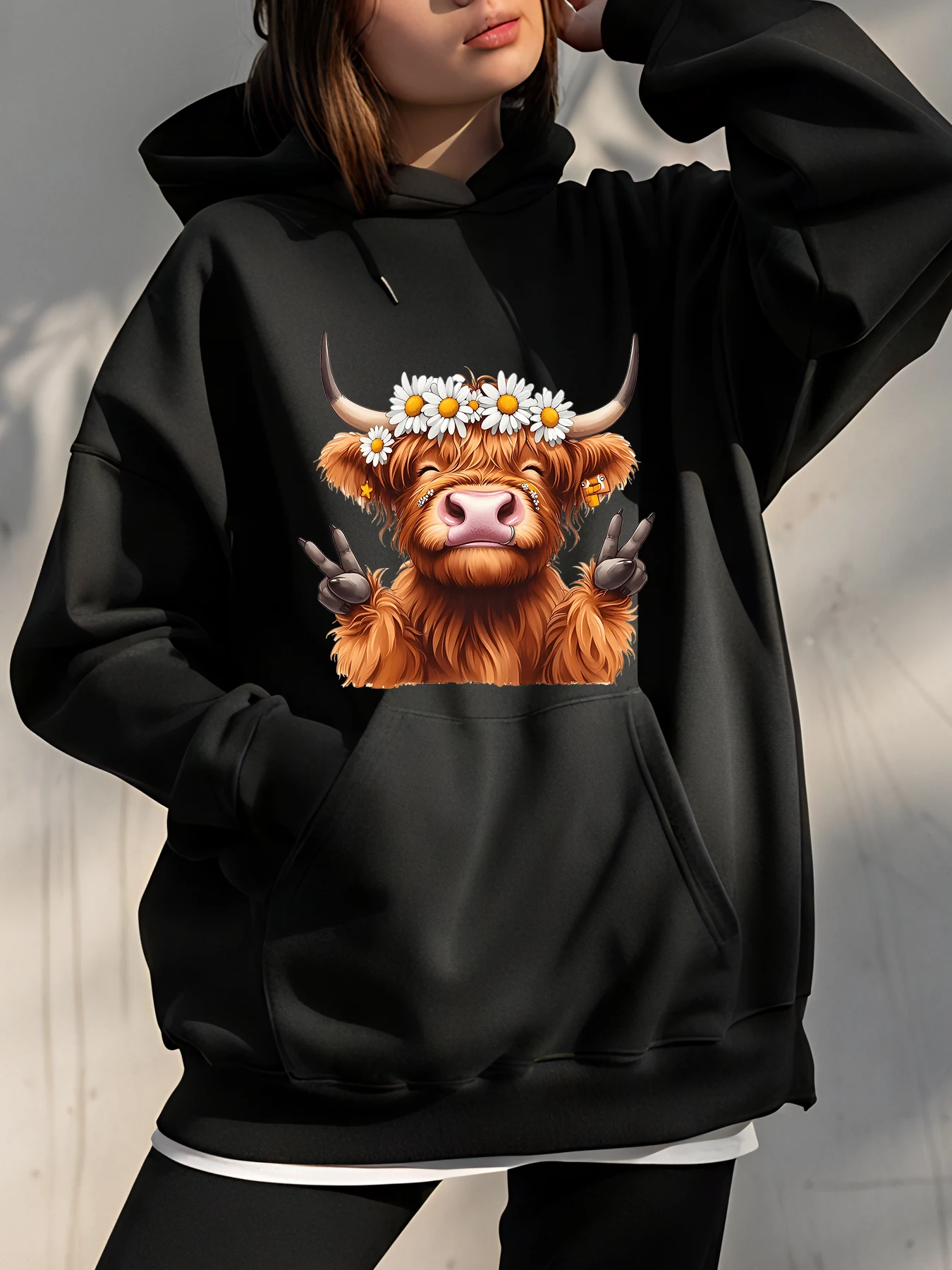 

Милая толстовка с принтом коровы, женская повседневная толстовка с цветочной короной и животным дизайном, осенне-зимняя уличная одежда, модный топ для девочек