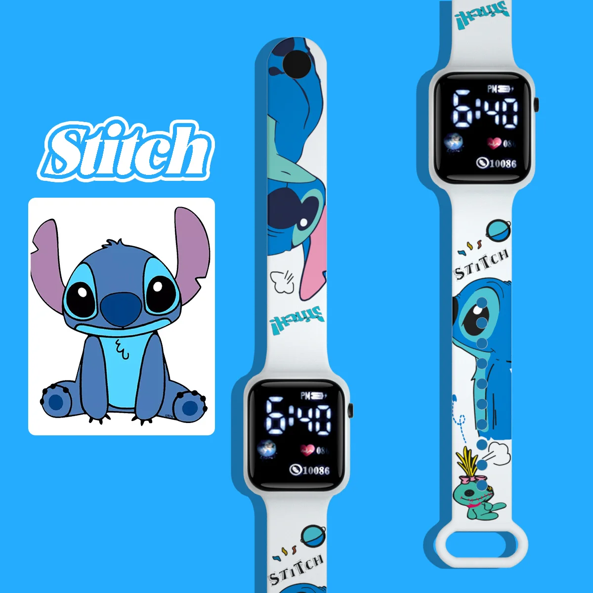 

New Stitch Hello Kitty Cartoon Printed Button Led Electric Watch Teenager Fashion Personality Printed Square Electronic Watch