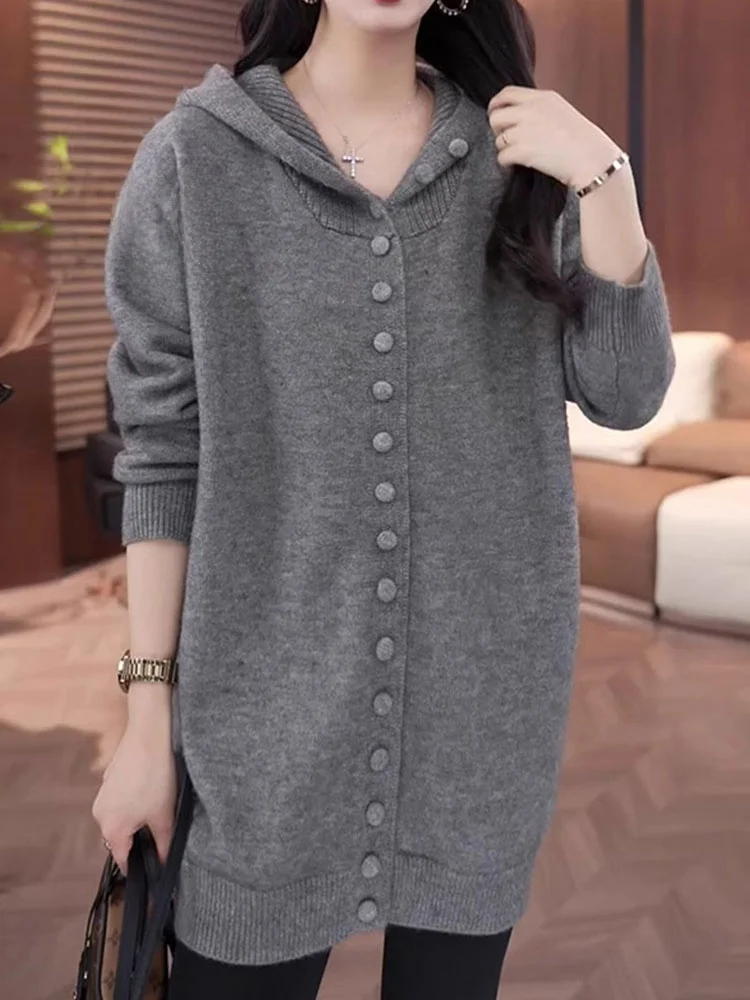 

Удобный вязаный кардиган с капюшоном, женский длинный све, модная корейская зимняя верхняя одежда, простой дизайн, повседневный свитер