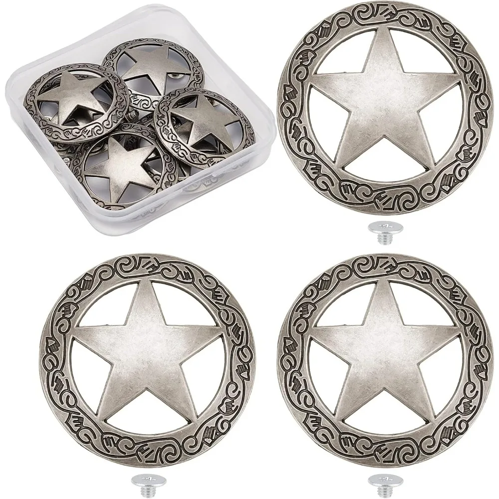 1 Box 6 Sets Screw Back Button Engraved Star Concho Hollow Out Decorative Buttons Round Vintage Silver Metal Tack Buckle