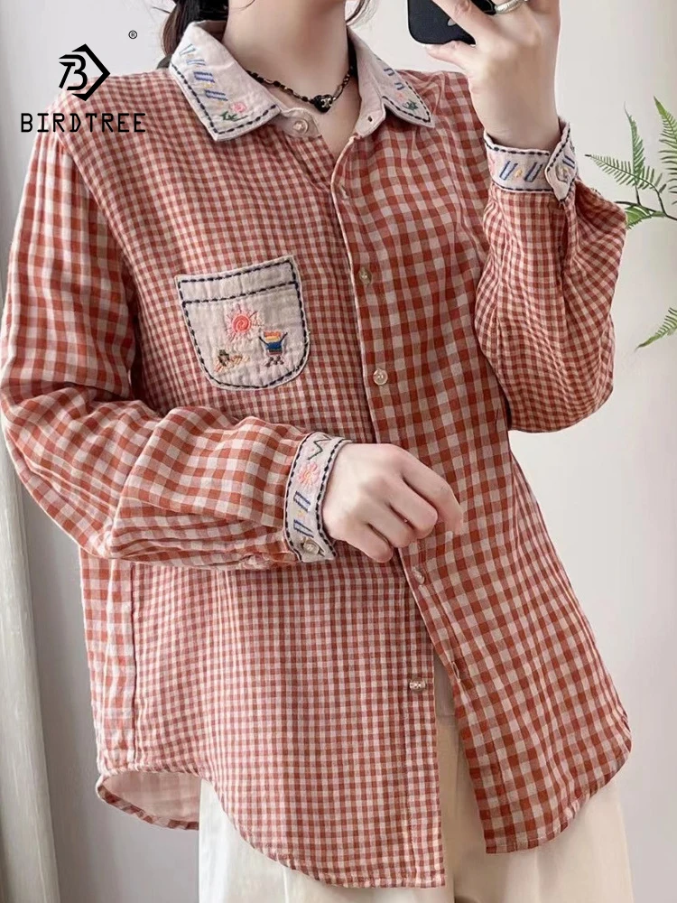 New Spring Cotton Plaid Shirt Women Lapel Long Sleeve Embroidery Commute Tops Girl Loose Versatile Blouses 2024 Autumn T45306QC