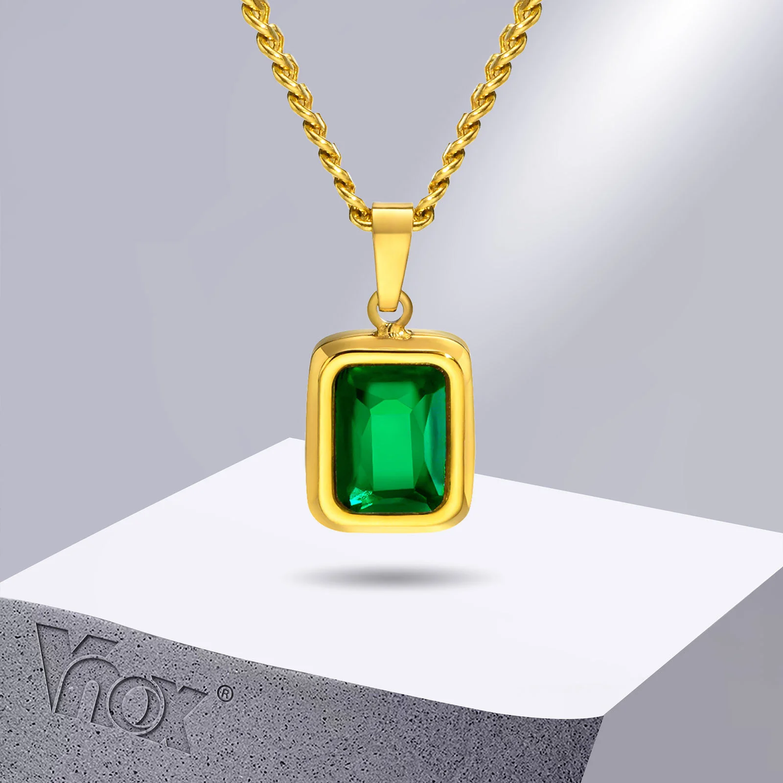 Vnox Delicate Geometric Square Necklaces for Women,Gold Color Stainless Steel with Bling Green White CZ Stone Neck Collar Gift