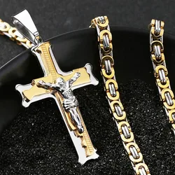 Stainless Steel Crucifix Jesus Byzantine Link Chain Necklace Fish Bone Pattern Cross Pendant Necklace Catholic Jewelry Men Gift