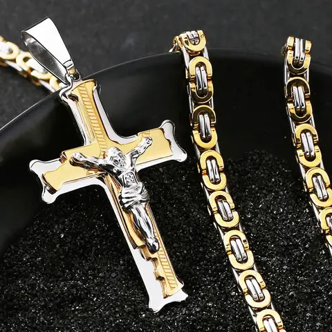Crucifijo de acero inoxidable, cadena de eslabones bizantinos de Jesús, collar con colgante de Cruz con patrón de hueso de pescado, joyería católica, regalo para hombres