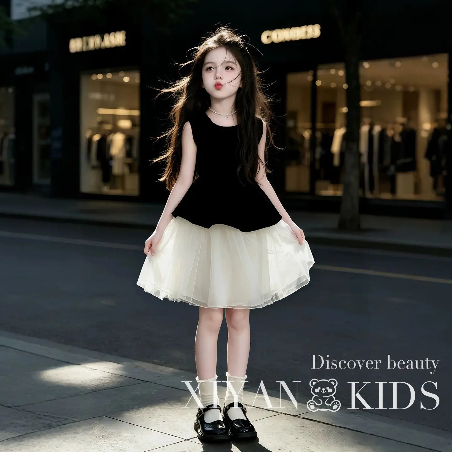 

Girls Black White Spliced Dress, Sleeveless Peplum Top with Tulle Skirt,fashionable and Elegant Hepburn Style Sundress for Kids