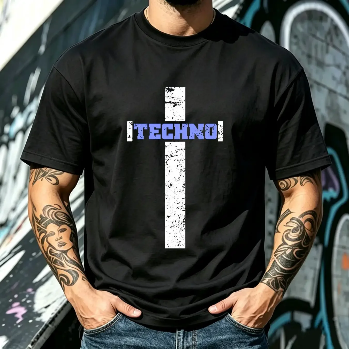 washed T Shirt Techno Jesus Cross Religion Festival Dj Rave Music Lover Men's vintage Washed streetwear Breathable Soft Casual