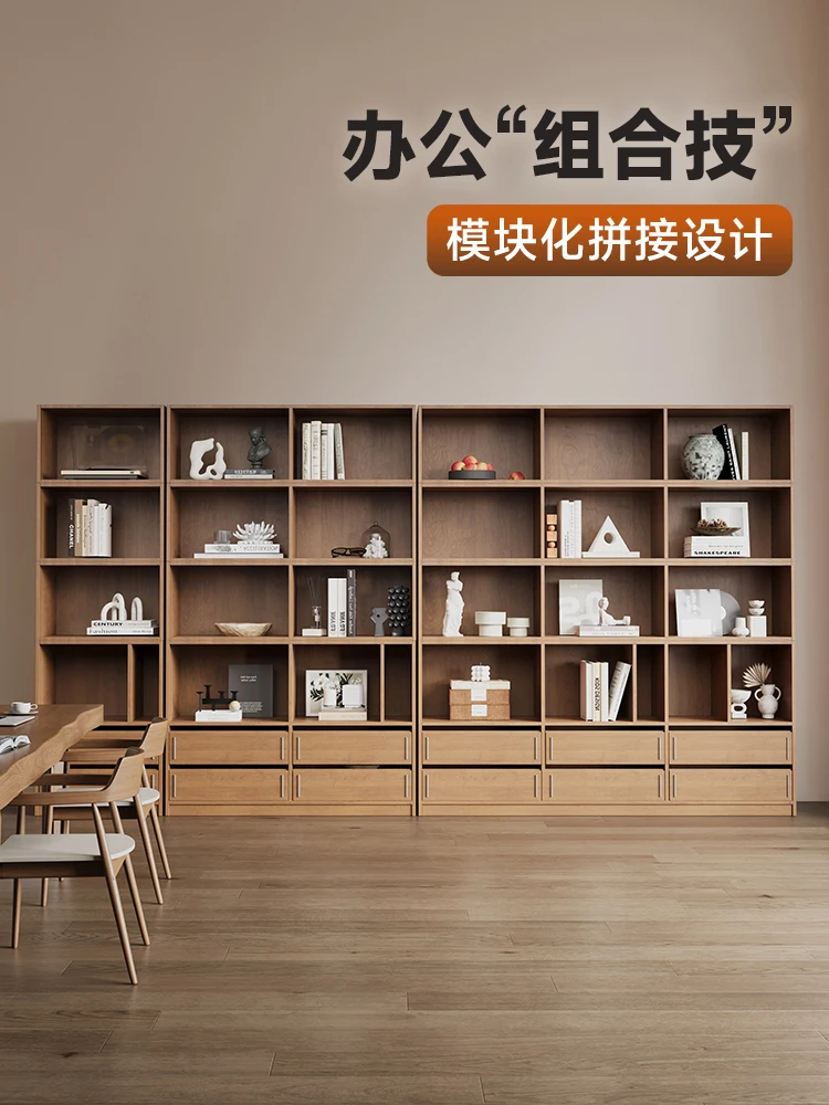 Solid wood simple file cabinet household bookshelf floor rack display cabinet bookcase integrated whole wall with drawers new
