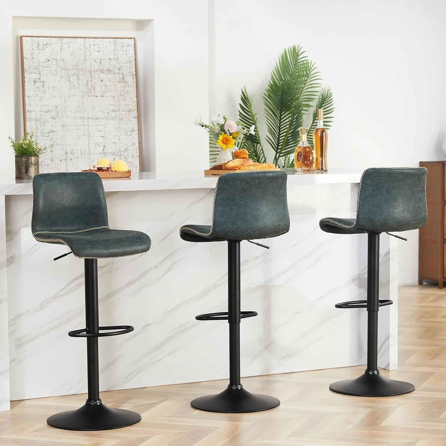 HeuGah Swivel Bar Stools Set of 3, Counter Height Bar Stools with Back, Adjustable Bar Stools 24" to 32", Deep Teal Faux Leather