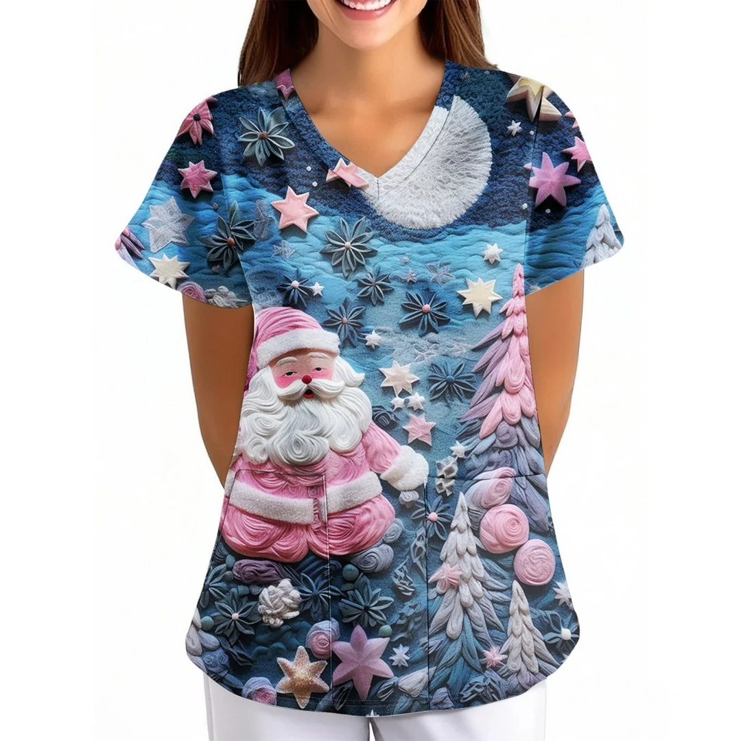 Christmas Women's V-Neck Fashionable Casual Nurse Uniform Women Sleeved Short Christmas Tree Printed Comfortable Work Uniform