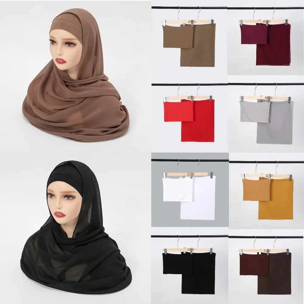 2 pcs Hijab Matching Undercap Set Muslim Women Turban Same Color Hijabs Band Match Cotton Bonnet Hat Chiffon Headscarf Cap Set