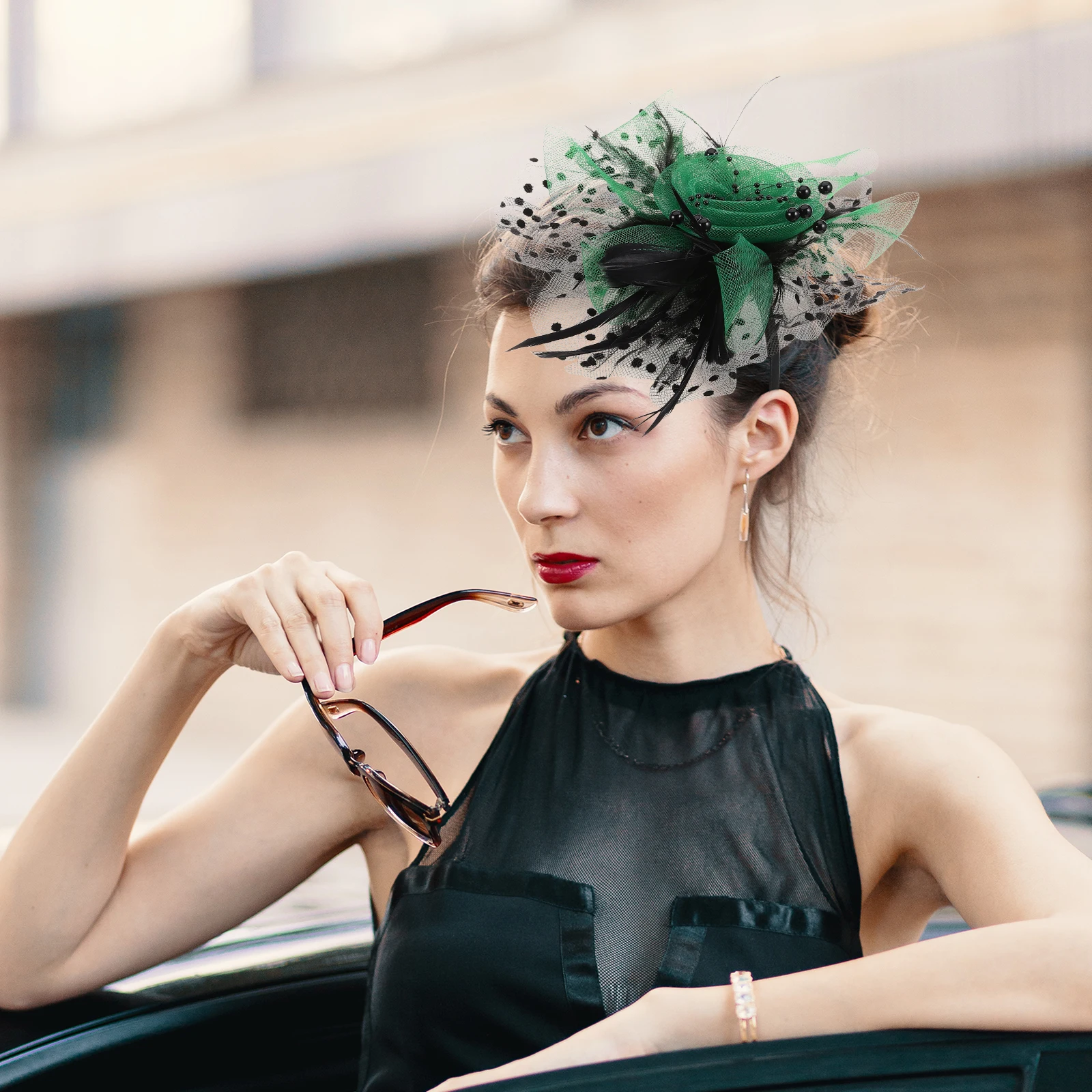 

1PC Color blocked Mesh Flower Headband Fascinator Hat Wedding Bridal Hair Clip Removable Elastic Lightweight for Women