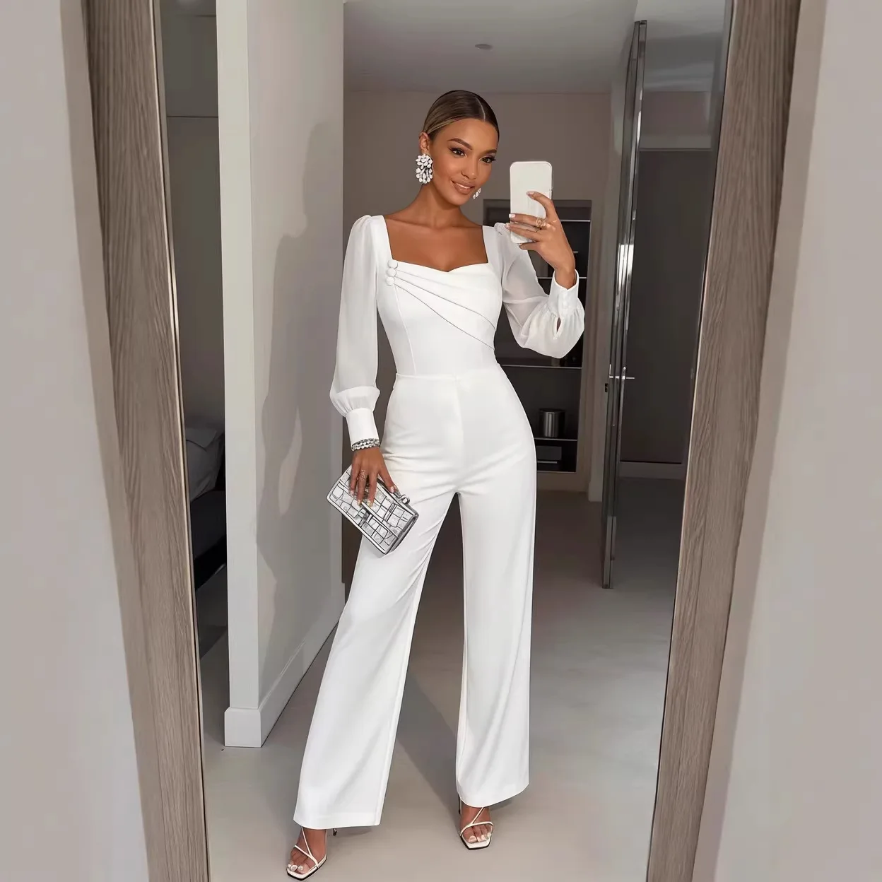 

2026 European and American new style elegant white jumpsuit with long sleeves, slim fit, backless, casual straight-leg pants