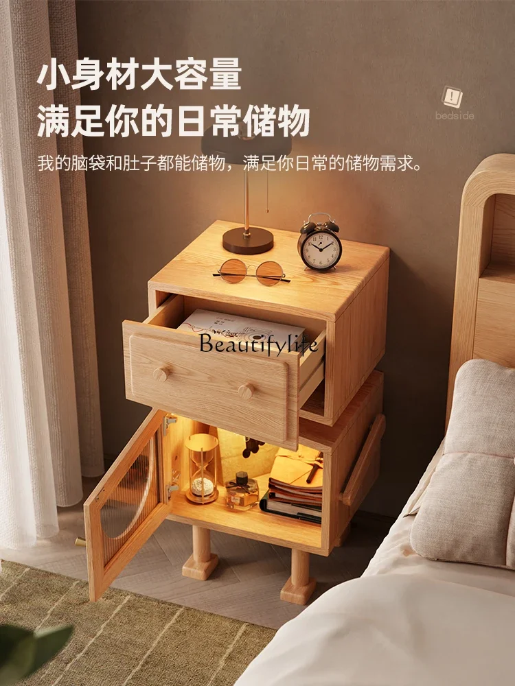 Solid wood bedside table, bedroom with lamp storage, tilted head robot cabinet yj7