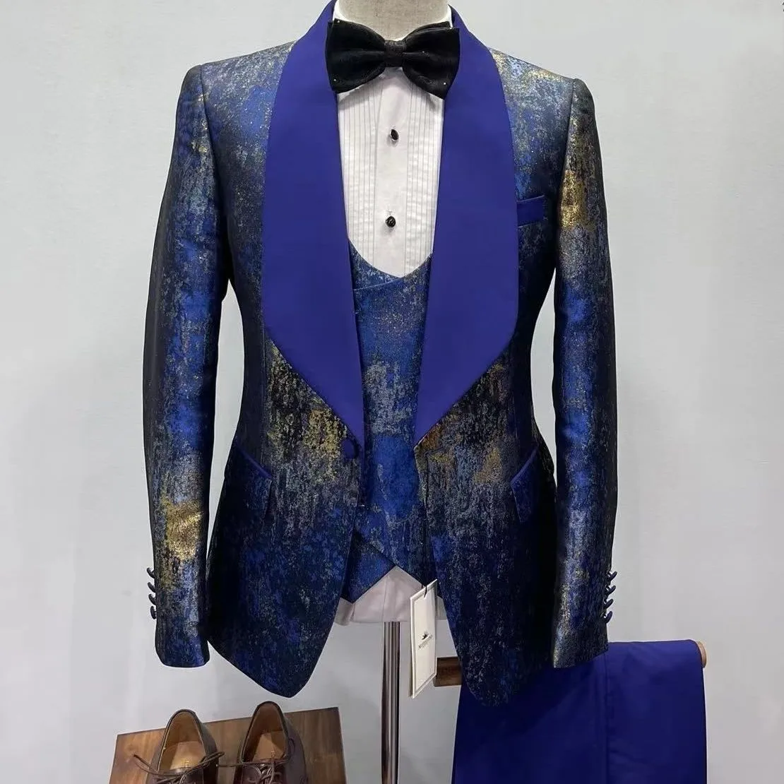 

New Style Men Suits Blue Groom Tuxedos Shawl Satin Lapel Groomsmen 3 Pieces Set Wedding (Jacket+Pants+Vest+ Bow Tie) D441