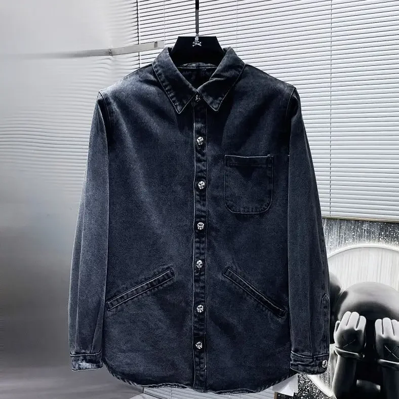 Cross-border Chrome Heartwashing Soft Denim Men's Shirt Multiple Pockets Denim Shirt Fashionable Casual Wear