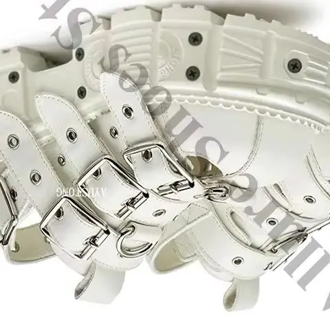 Multi Metal Buckle Chunky Platform Sandals Thick Deep Treaded Anti Slip Base Lug Sole Shoes Matte White Closed Toe Wrapped Upper