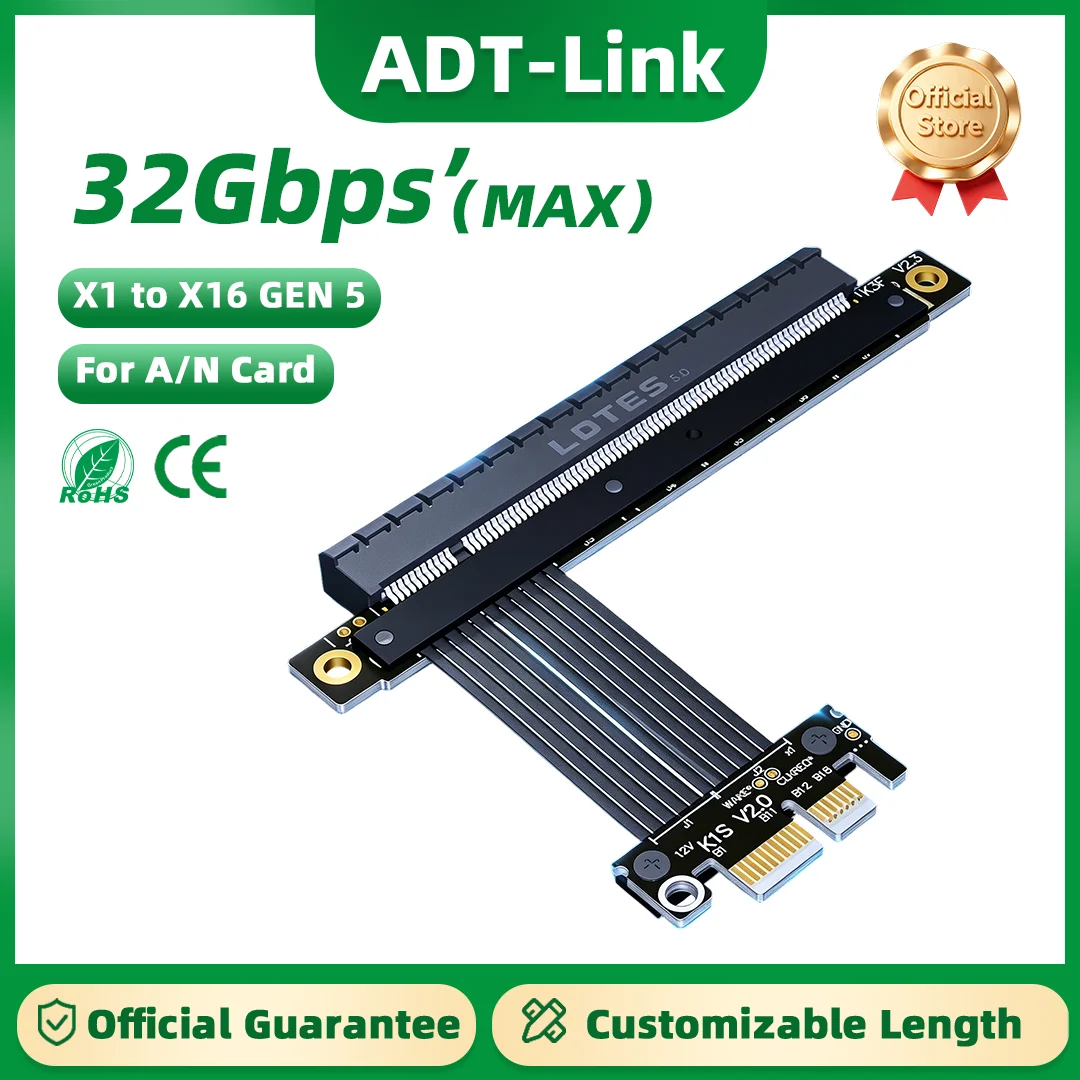 ADT-Link PCIe 5.0 X16 to X1 Riser Cable Non-USB Full Speed GPU Extender Card Compatible with RTX3090 RX6800xt Graphics Card