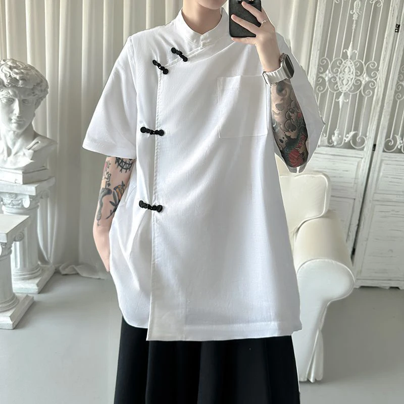 New Chinese Style Plate Buckle Short Sleeve Men Mandarin Collar T Shirts Summer Fashion Personality Oversized Blouse Black White
