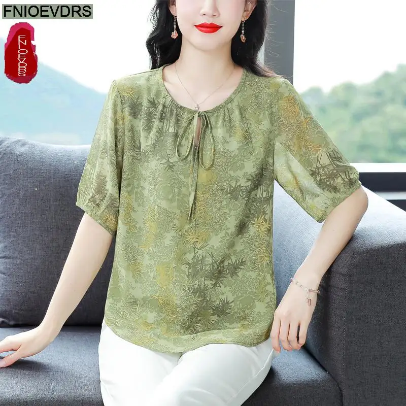 L-5XL Loose Clothes 2024 Women Summer New Design Retro Vintage Flower Printing Bow Tie Tops Blouses