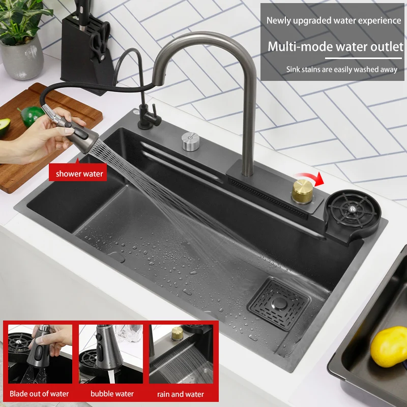 Kichen Sink Waterfall Faucet Nano Sink 304 Stainless Steel Topmount Single Bowl Wash Basin with Chopping Board Drain Accessories