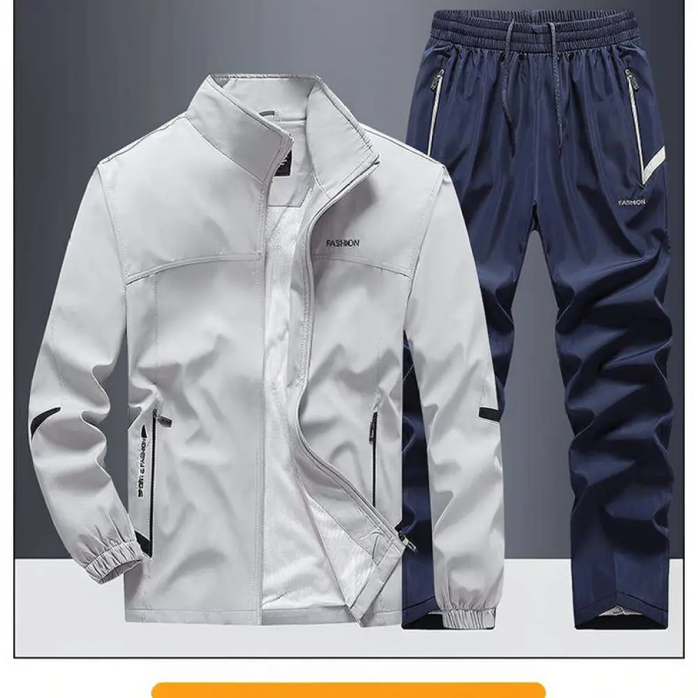 Mens Casual Activewear Set Stand Collar Zip Jacket Trousers Spring Autumn Sports Fitness Jogging Training Clothing Suit
