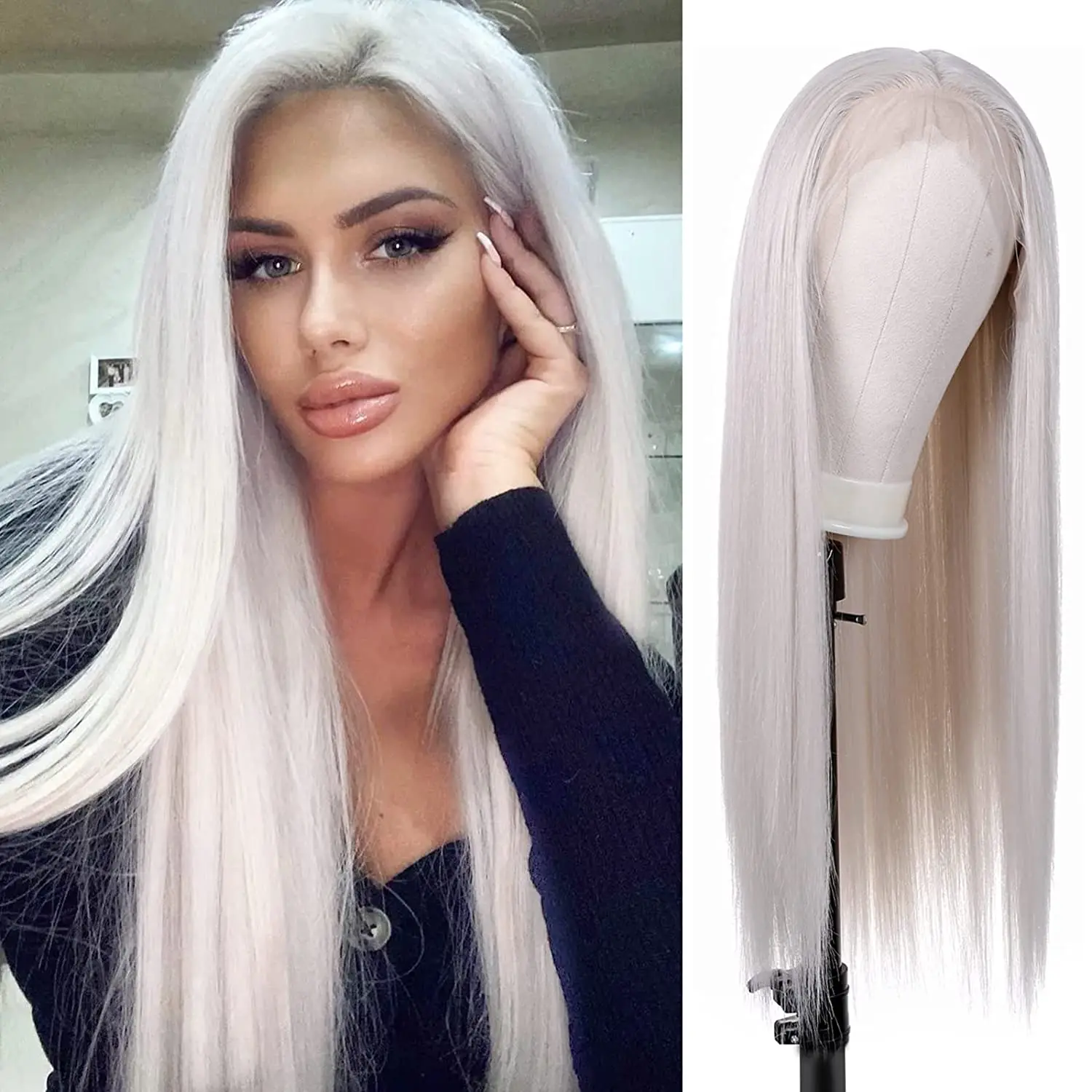 

Synthetic Long Stright Lace Front Wigs for Women White Green Color Wigs Natural Hairline Heat Resistant Cosplay and Daily Party