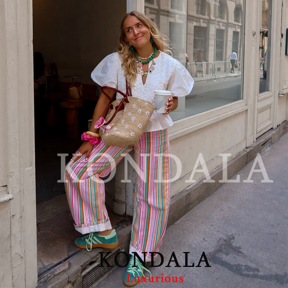 KONDALA Streetwear Damen Regenbogen-Streifen-Hose Damen Weite Bein-Hose mit Taschen Denim Damen Hose Mode 2026 Herbst Y2K Mädchen Partyhose – Detail 7