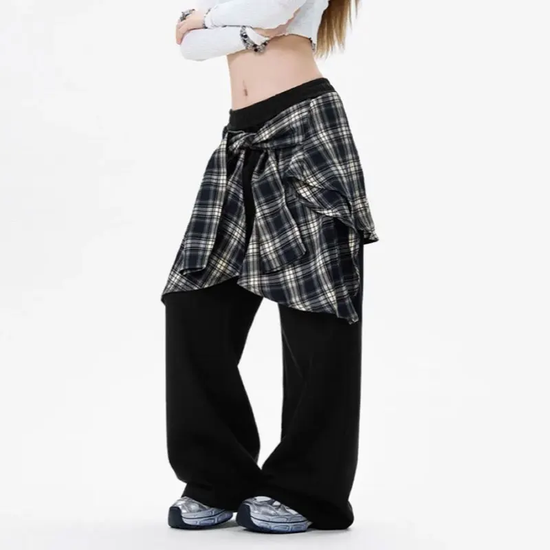 Spring Autumn American Retro Plaid Trousers Fake Two Pieces Sweatpants Women's Clothing Straight Casual Loose Patchwork Pants