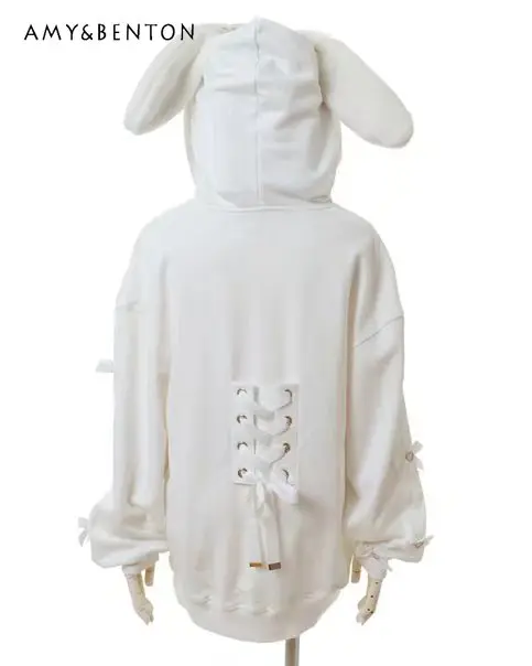 Japanese Sweet Cute Lace-up Bow Rabbit Ears Hoodies Autumn New Women Mine Mass-Produced Long Clothes Oversized Zip Up Hoodie