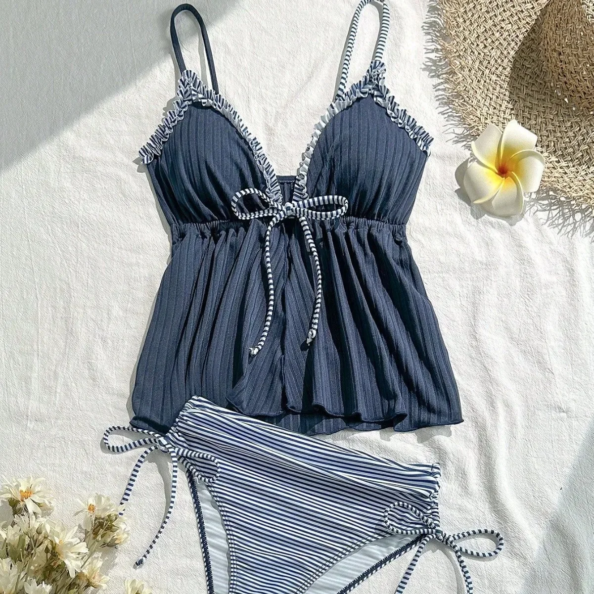 2026 New 2026 Fashion Swimsuit Women Frill Trim Tankini Strappy Vest with Bow Swimwear Ruffles Beachwear Holiday Look Bathing Su
