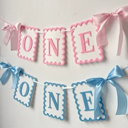 Pink Blue ONE Square Banner with Bow, Hairball Hat Decoration Kit for Baby Shower Birthday Party Baby Dining Chair Decorations