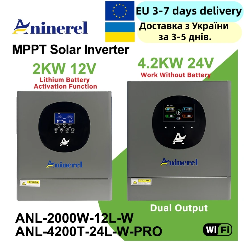 

Aninerel 2KW-12V 4.2KW-24V Hybrid Solar Inverter 230V On+Off Grid Pure Sine Wave Inverter MPPT Solar Charger PV 60-500VDC WIFI
