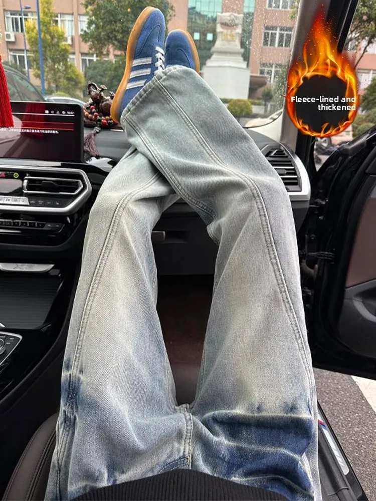 

Retro Sla Lightning Pattern Men's Denim Jeans Autumn Winter American High Street Fce Straight Leg Bell Bot