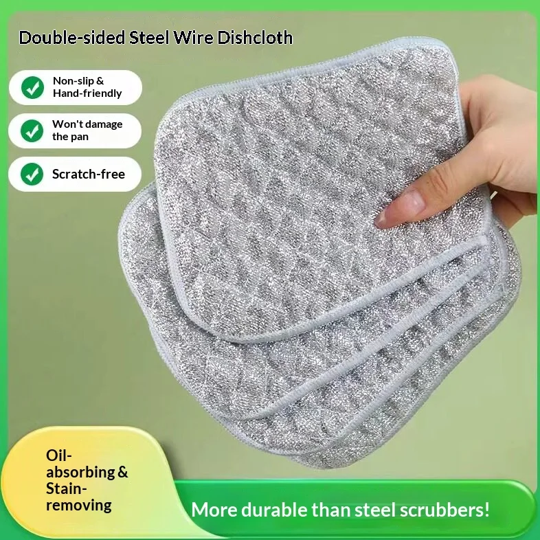 1/3/5PCS Double‑Sided Steel Wire Dish Cloth Reusable Non‑Scratch Scrub Rag Wet Dry Kitchen Pot Dishwashing Cleaning Towel