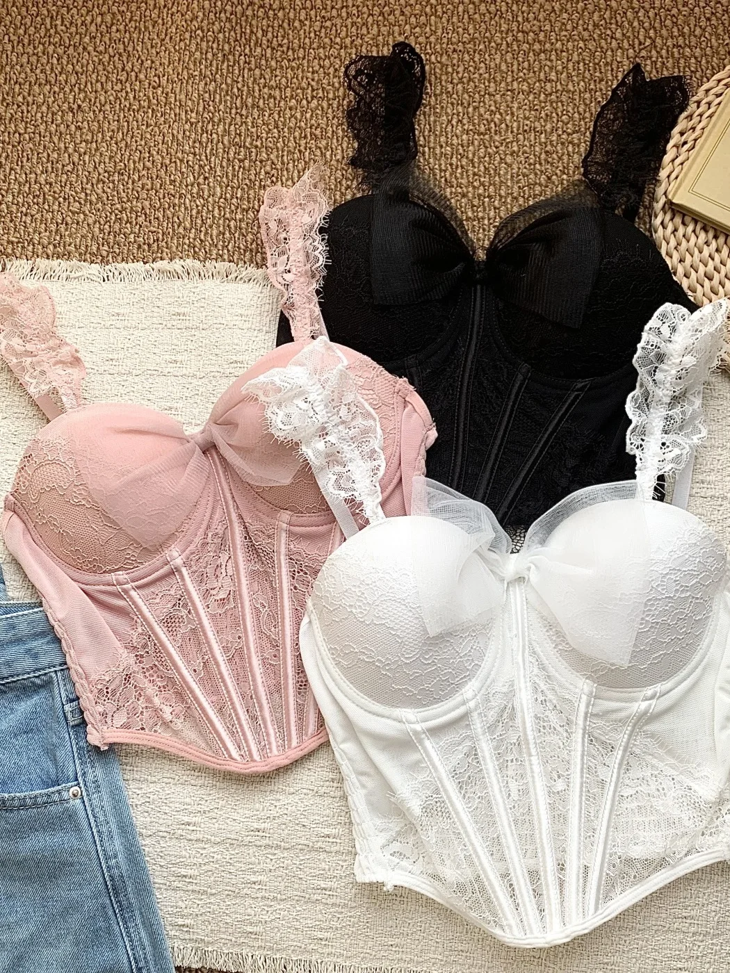 Pink Lace Bralette Tank Top Women's Summer Outerwear Pure Desire Spicy Fishbone Strapless Bustier Vest Underwear with Chest Pad