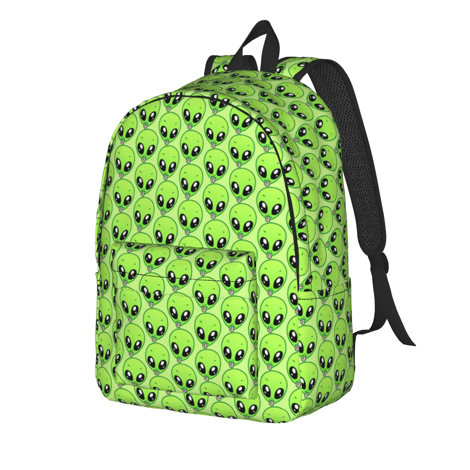 Cute Cartoon Green Alien Sticking Tongue Light Green Vertical Pattern Backpack  Travel Backpacks Men Streetwear High School Bags