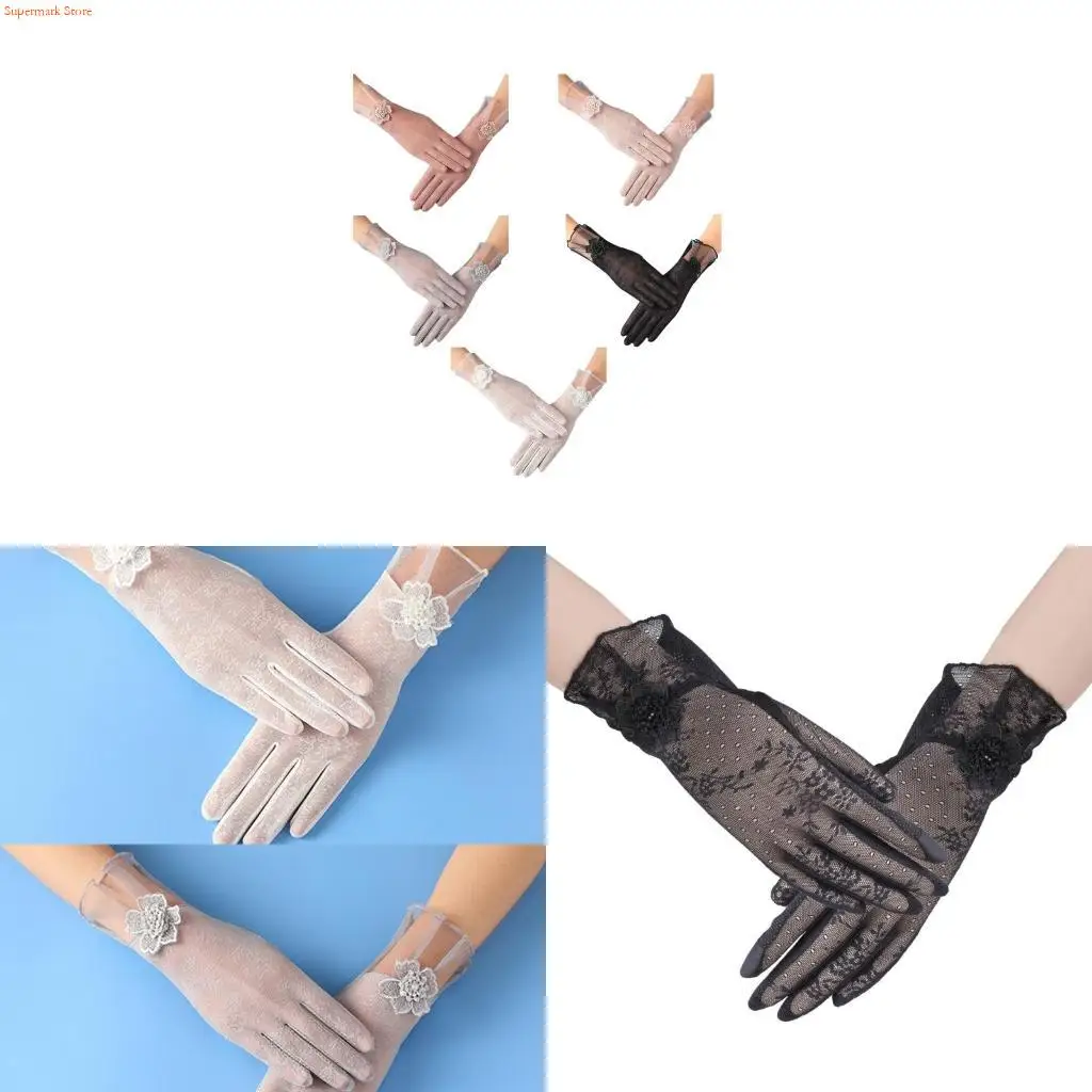 Q5WE Mesh Floral Decors Gloves Elasticity Wrist Lengths Stretch Party Gloves for Girl