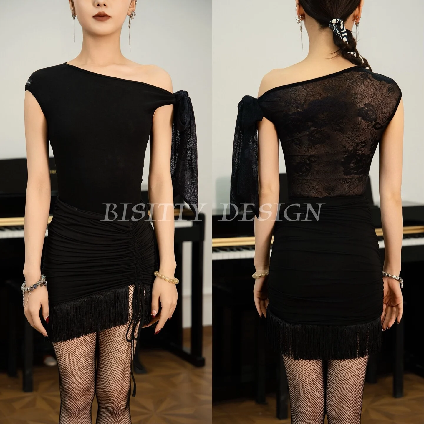 

Latin Dance Clothes Women Sleeveless Black Lace Tops Drawstring Fringed Skirt Summer Practice Clothing Rumba Chacha Dancewear