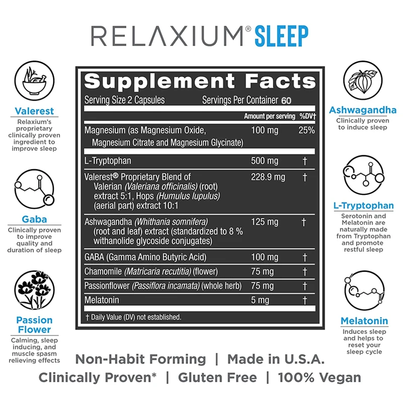 Natural sleep aid, sleep supplement to extend sleep and relieve stress, contains magnesium, melatonin, GABA, chamomile