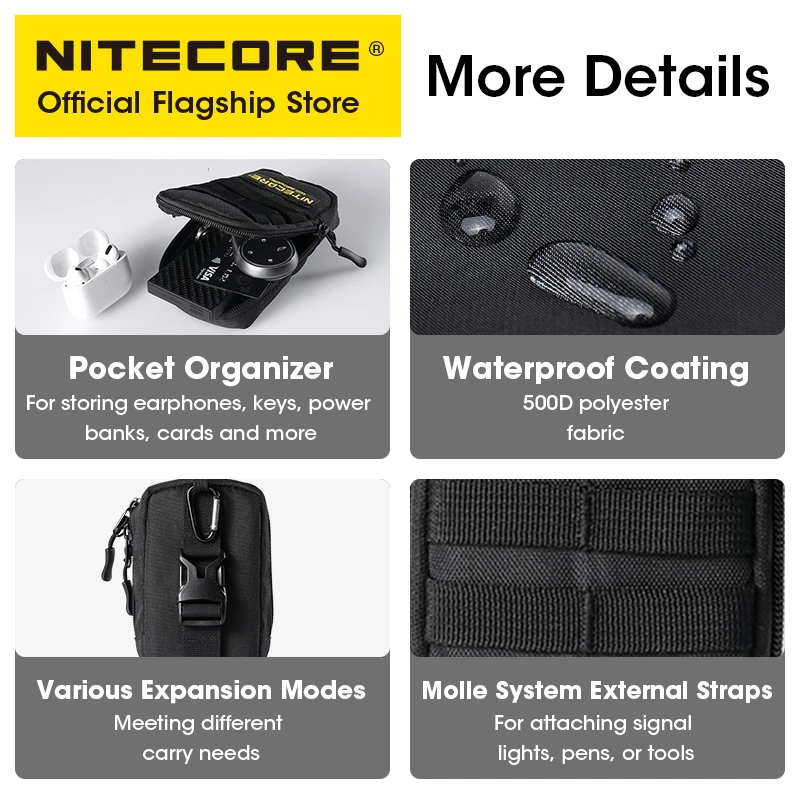 NITECORE NPP30 Tactical Pocket Pouch Power Bank Bag Earphone Pack Black MOLLE Military EDC Mini Purse Wallet for Men Women